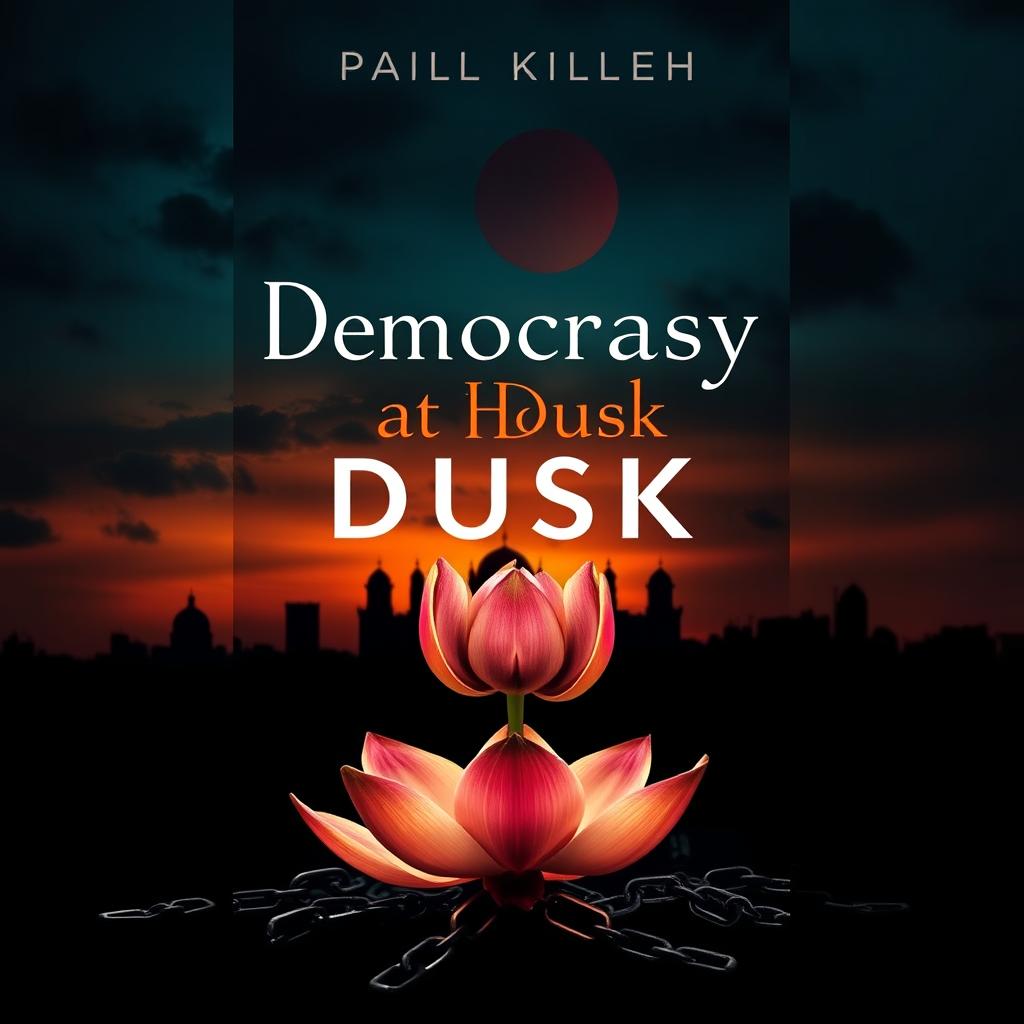 A modern and unique book cover for 'Democracy at Dusk', designed to reflect the theme of the fall of democracy in Bangladesh