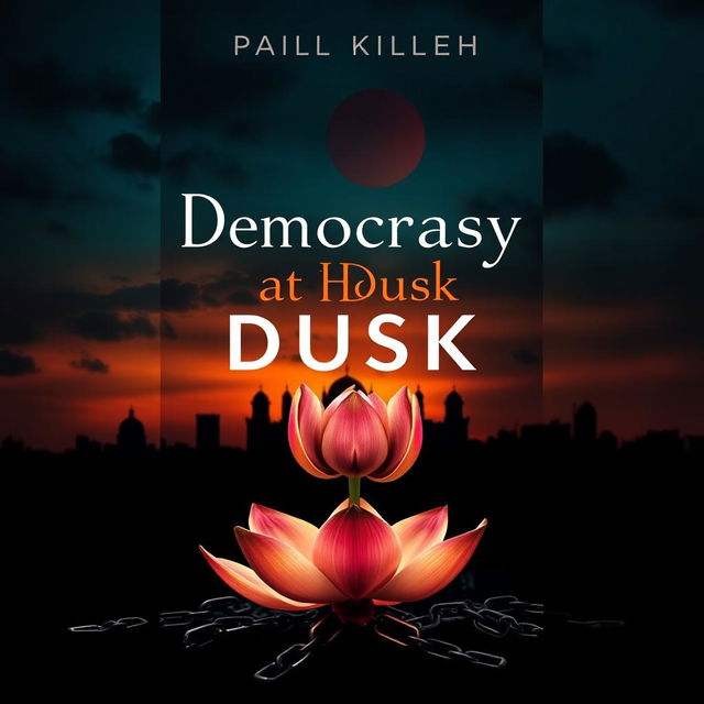 A modern and unique book cover for 'Democracy at Dusk', designed to reflect the theme of the fall of democracy in Bangladesh