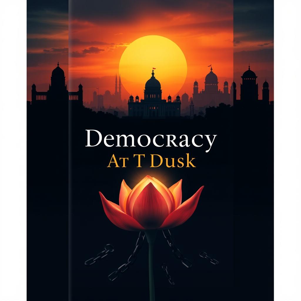 A modern and unique book cover for 'Democracy at Dusk', designed to reflect the theme of the fall of democracy in Bangladesh