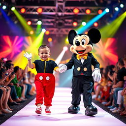 A vibrant fashion show taking place on a lit stage filled with colorful lights and an enthusiastic audience