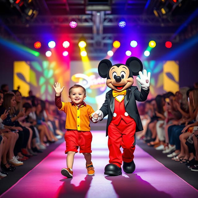 A vibrant fashion show taking place on a lit stage filled with colorful lights and an enthusiastic audience