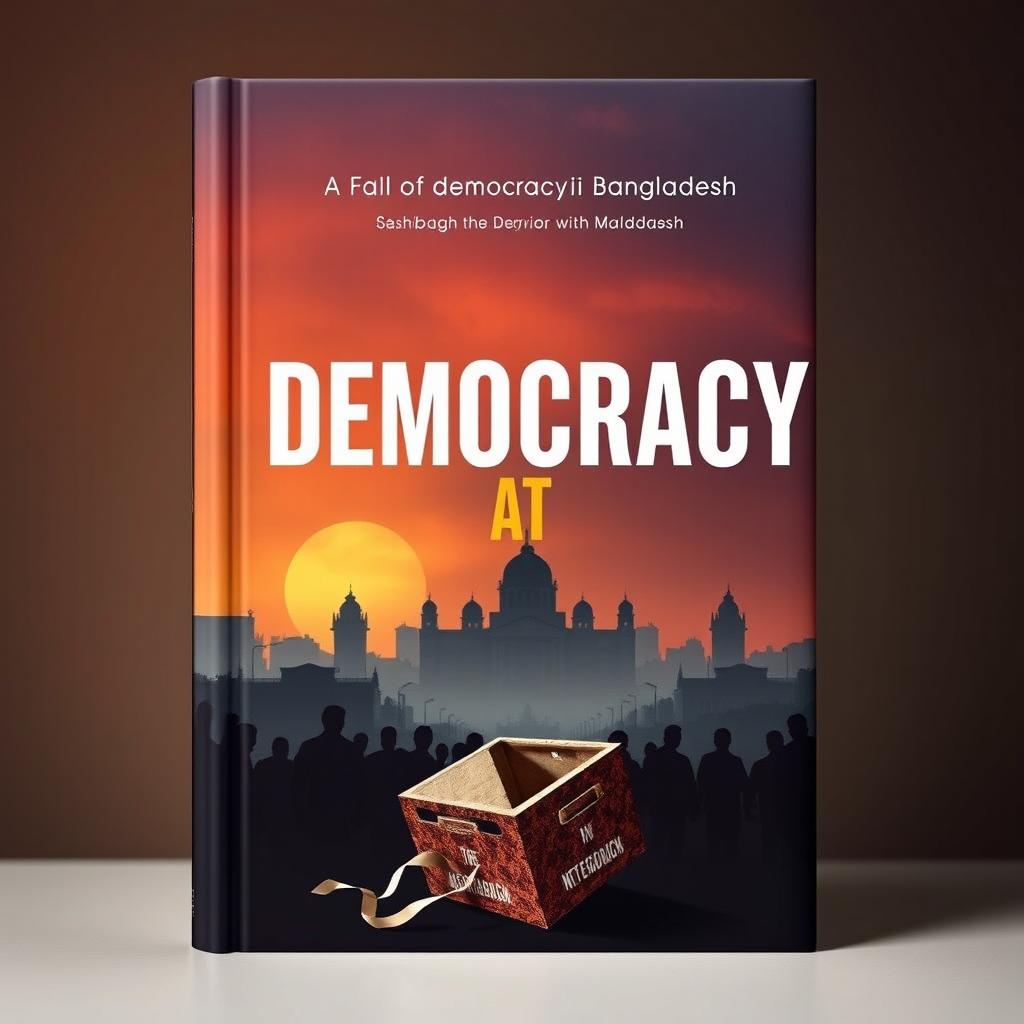 A modern and unique book cover for 'Democracy at Dusk', focusing on the fall of democracy in Bangladesh