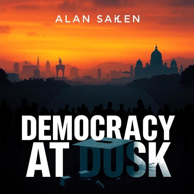 A modern and unique book cover for 'Democracy at Dusk', focusing on the fall of democracy in Bangladesh