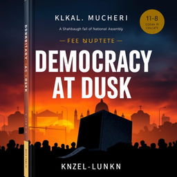 A modern and unique book cover for 'Democracy at Dusk', focusing on the fall of democracy in Bangladesh