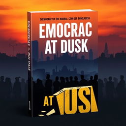 A modern and unique book cover for 'Democracy at Dusk', focusing on the fall of democracy in Bangladesh