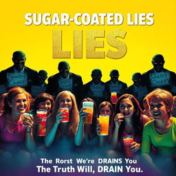 A chilling movie poster depicting a group of people in a bright, colorful setting, enjoying no-sugar drinks with happy, carefree expressions