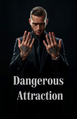 A man wearing an all-black suit, standing confidently with his hands prominently displayed, showcasing intricate tattoos