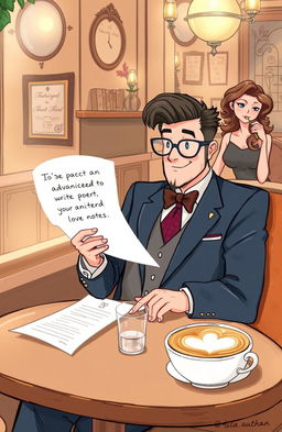 A whimsical illustration depicting a sophisticated gentleman in a stylish suit, sitting in a cozy, elegant café