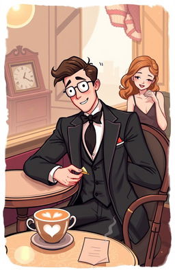 A whimsical illustration depicting a sophisticated gentleman in a stylish suit, sitting in a cozy, elegant café