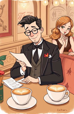 A whimsical illustration depicting a sophisticated gentleman in a stylish suit, sitting in a cozy, elegant café