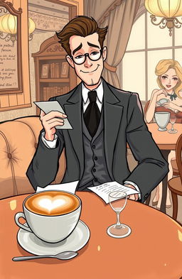 A whimsical illustration depicting a sophisticated gentleman in a stylish suit, sitting in a cozy, elegant café