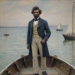 Depict a 20-year-old Frederick Douglass as a sailor arriving on land, illustrated in Claude Monet's impressionist style. Douglass stands stalwart on the boat, looking towards the shore, the dynamic strokes of the scene emphasizing the anticipation of arrival.