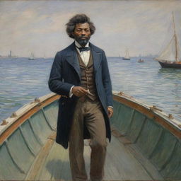 Depict a 20-year-old Frederick Douglass as a sailor arriving on land, illustrated in Claude Monet's impressionist style. Douglass stands stalwart on the boat, looking towards the shore, the dynamic strokes of the scene emphasizing the anticipation of arrival.