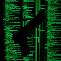 A dark background filled with colorful programming code in shades of green, displaying various lines and snippets of code that appear to be flowing across the image