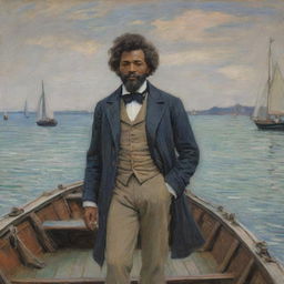 Depict a 20-year-old Frederick Douglass as a sailor arriving on land, illustrated in Claude Monet's impressionist style. Douglass stands stalwart on the boat, looking towards the shore, the dynamic strokes of the scene emphasizing the anticipation of arrival.