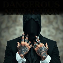 A mysterious man wearing an all-black suit, showcasing only the upper half of his body, with his hands covered in intricate tattoos