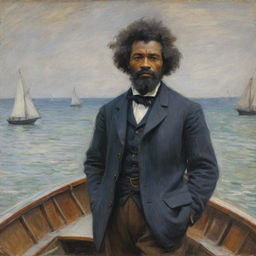 Depict a 20-year-old Frederick Douglass as a sailor arriving on land, illustrated in Claude Monet's impressionist style. Douglass stands stalwart on the boat, looking towards the shore, the dynamic strokes of the scene emphasizing the anticipation of arrival.