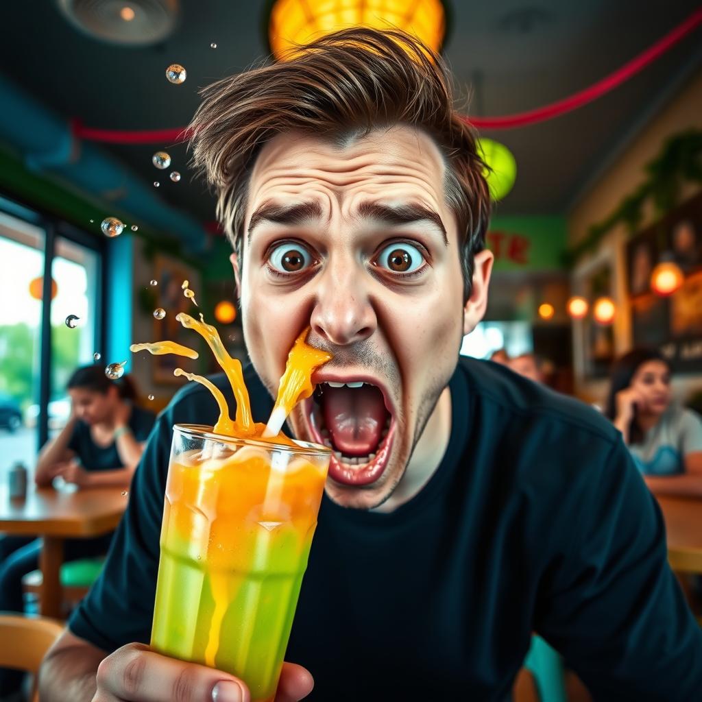 A person mid-action spitting out a drink with a horrified expression, eyes wide open in shock, mouth agape, droplets of liquid flying through the air