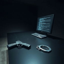 A tense interrogation room featuring a stark black table with a sleek modern computer displaying lines of programming code