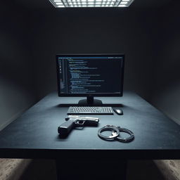 A tense interrogation room featuring a stark black table with a sleek modern computer displaying lines of programming code