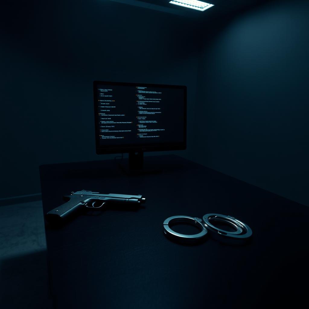 A tense interrogation room featuring a stark black table with a sleek modern computer displaying lines of programming code