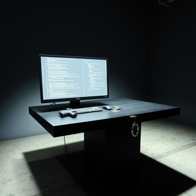 A tense interrogation room featuring a stark black table with a sleek modern computer displaying lines of programming code