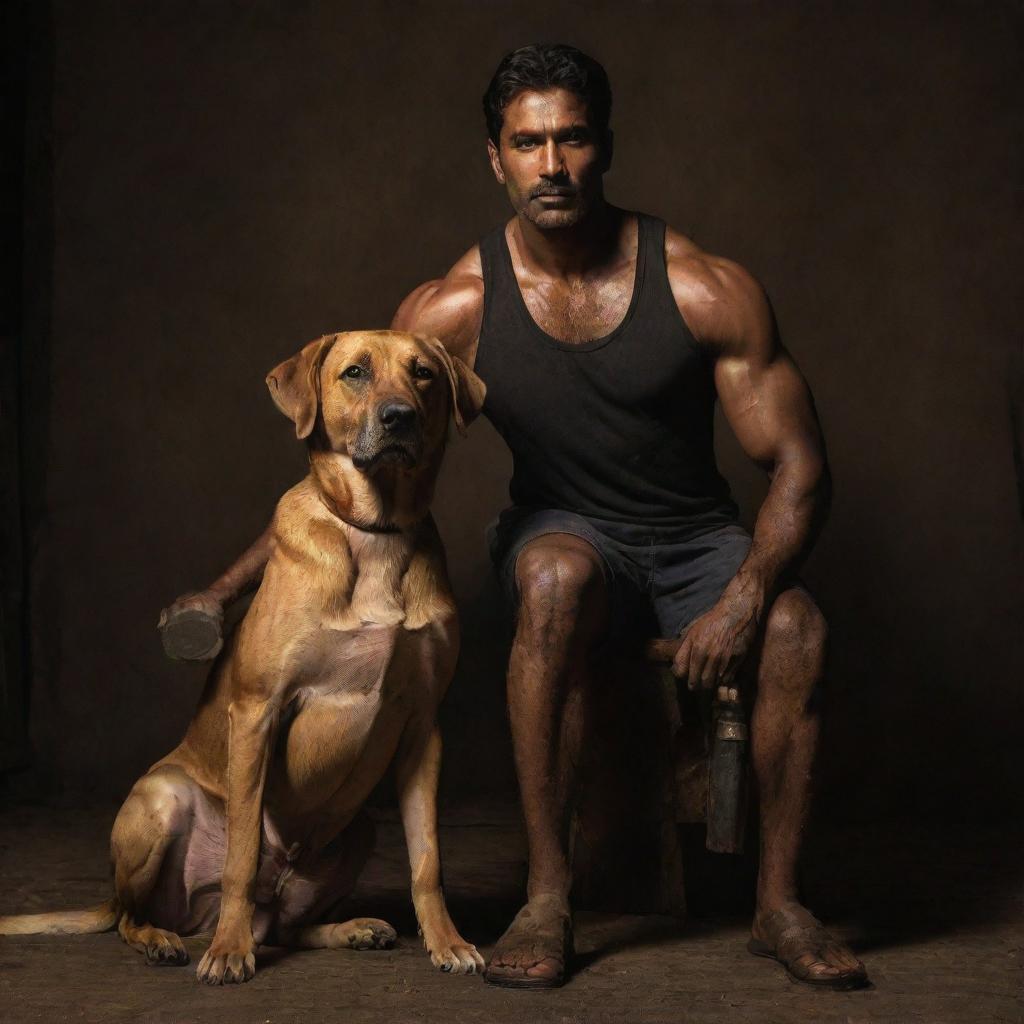 The muscular, tall Indian man in a dark setting with a black and tan Indian Pariah dog sitting close to him, both of them under the eerie glow of the stained shirt and sledgehammer.