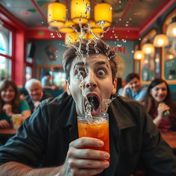 A person caught mid-action, spitting out a drink with a surprised expression, liquid splattering in the air