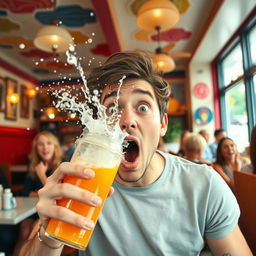 A person caught mid-action, spitting out a drink with a surprised expression, liquid splattering in the air