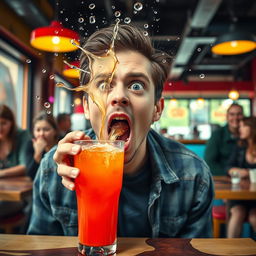 A person in the act of drinking a colorful beverage, then suddenly spitting it out in shock