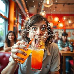 A person in the act of drinking a colorful beverage, then suddenly spitting it out in shock