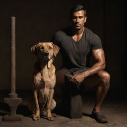 The muscular, tall Indian man in a dark setting with a black and tan Indian Pariah dog sitting close to him, both of them under the eerie glow of the stained shirt and sledgehammer.