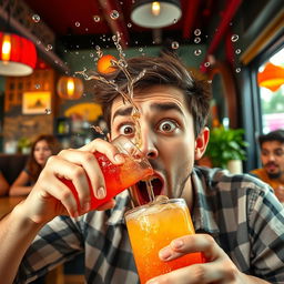 A person in the act of drinking a colorful beverage, then suddenly spitting it out in shock