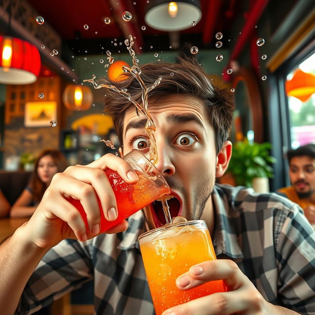 A person in the act of drinking a colorful beverage, then suddenly spitting it out in shock