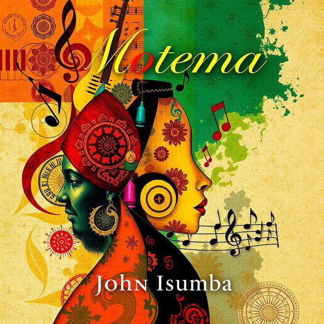 A stunning visual art poster for the song 'Motema' by artist John Isumba, featuring vibrant colors and abstract elements that reflect the rich cultural heritage and emotional depth of the music