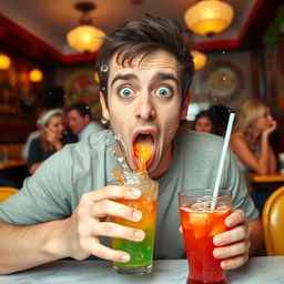 A person in the act of drinking a colorful beverage, suddenly spitting it out in surprise and disgust