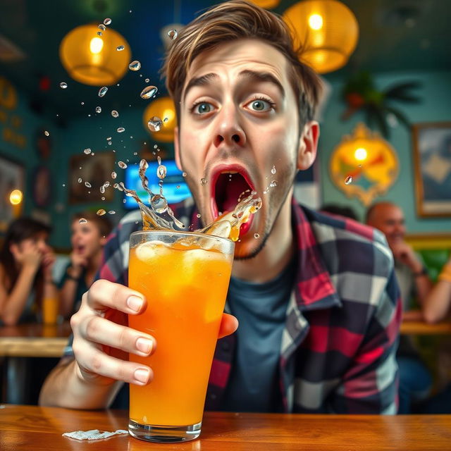 A person in the act of drinking a colorful beverage, suddenly spitting it out in surprise and disgust