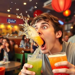 A person in the act of drinking a colorful beverage, suddenly spitting it out in surprise and disgust