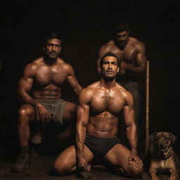 The muscular, tall Indian man in a dark setting with a black and tan Indian Pariah dog sitting close to him, both of them under the eerie glow of the stained shirt and sledgehammer.