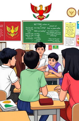 Illustration of a diverse classroom setting, focused on students embodying the principles of Pancasila, engaged in collaborative learning