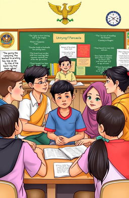 Illustration of a diverse classroom setting, focused on students embodying the principles of Pancasila, engaged in collaborative learning