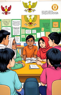 Illustration of a diverse classroom setting, focused on students embodying the principles of Pancasila, engaged in collaborative learning