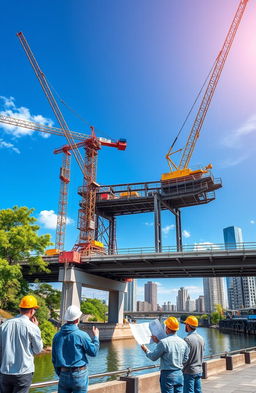 A modern civil engineering scene showcasing a bridge under construction, featuring a vibrant blue sky, cranes lifting steel beams, engineers in hard hats discussing plans, and intricate scaffolding