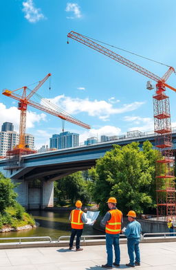 A modern civil engineering scene showcasing a bridge under construction, featuring a vibrant blue sky, cranes lifting steel beams, engineers in hard hats discussing plans, and intricate scaffolding