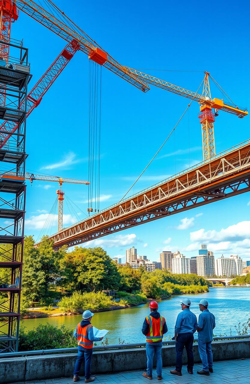 A modern civil engineering scene showcasing a bridge under construction, featuring a vibrant blue sky, cranes lifting steel beams, engineers in hard hats discussing plans, and intricate scaffolding