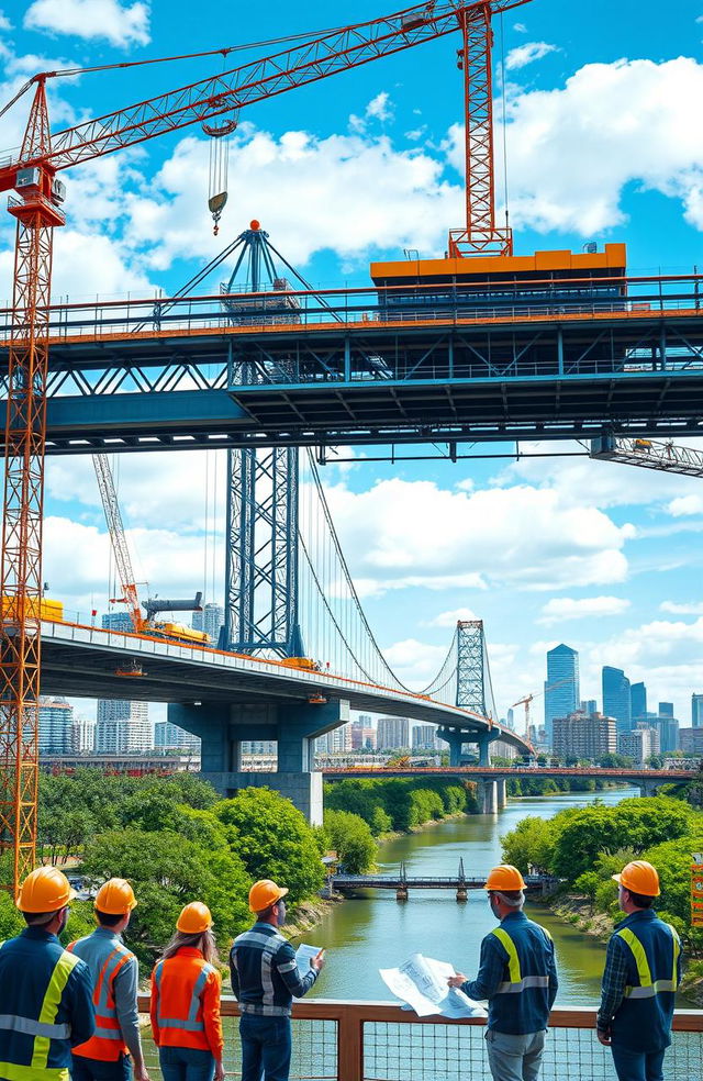 A modern civil engineering scene showcasing a bridge under construction, featuring a vibrant blue sky, cranes lifting steel beams, engineers in hard hats discussing plans, and intricate scaffolding