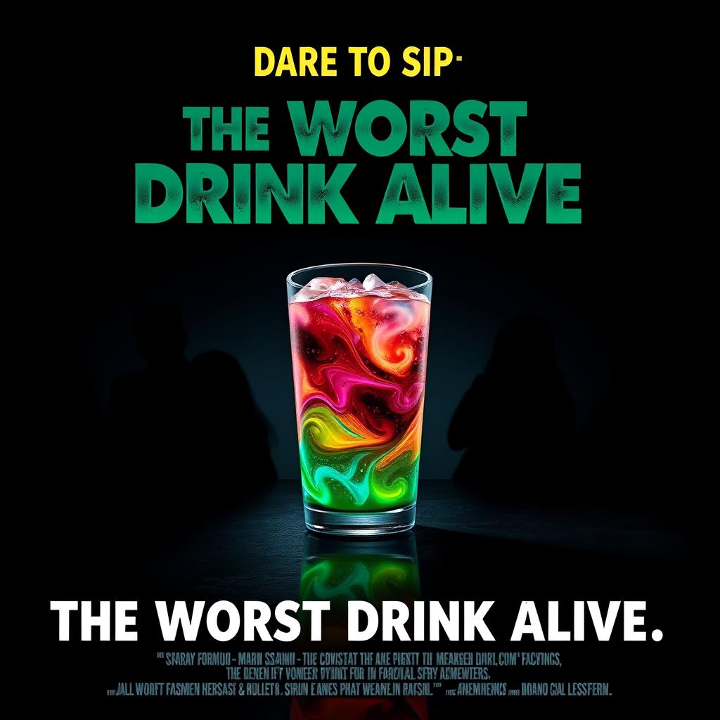 A dramatic movie poster showcasing a fictional beverage labeled as 'The Worst Drink Alive'