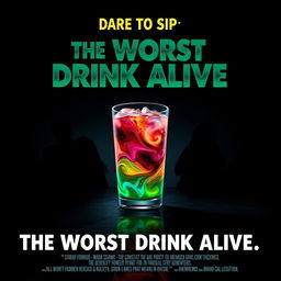 A dramatic movie poster showcasing a fictional beverage labeled as 'The Worst Drink Alive'