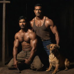 The muscular, tall Indian man in a dark setting with a black and tan Indian Pariah dog sitting close to him, both of them under the eerie glow of the stained shirt and sledgehammer.