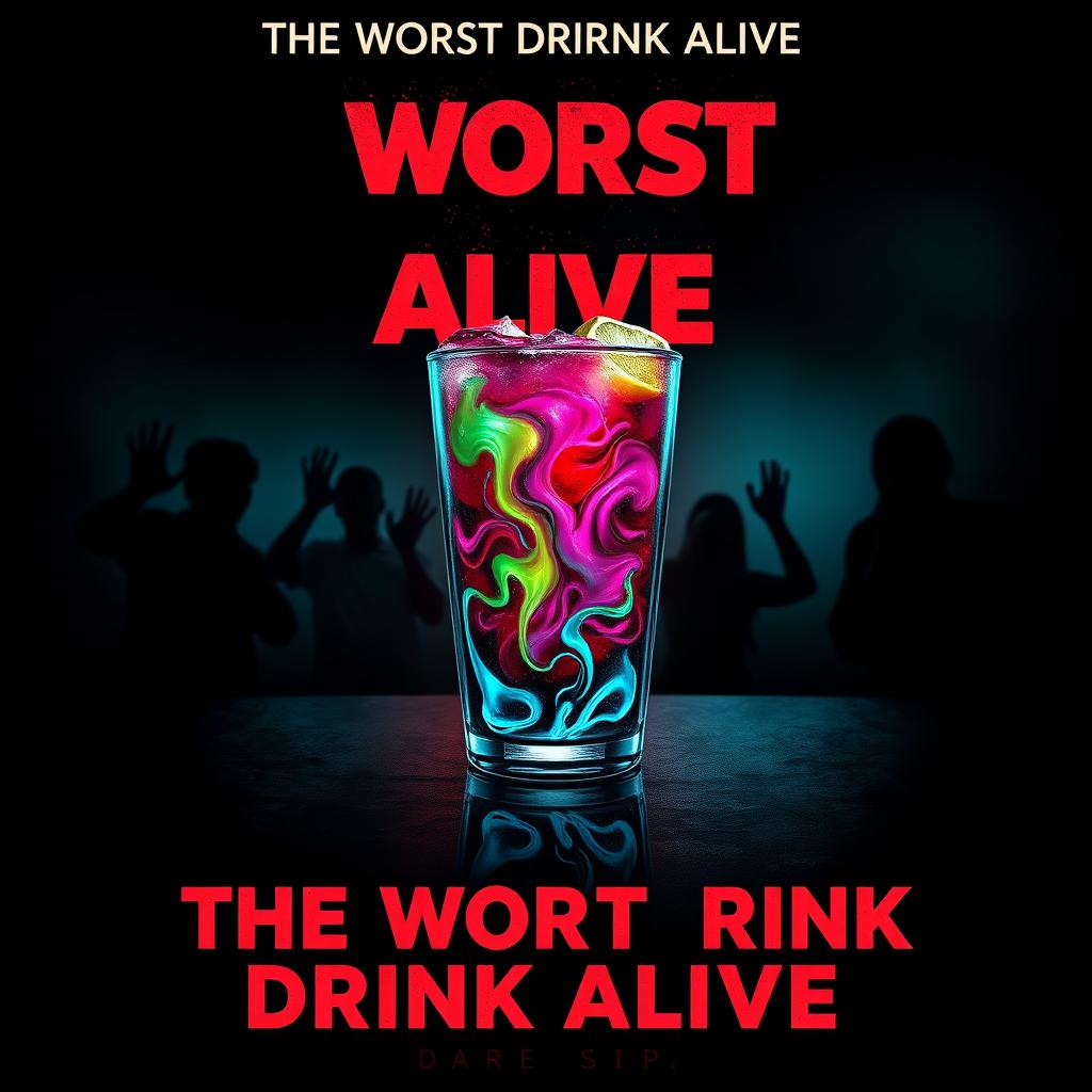 A dramatic movie poster showcasing a fictional beverage labeled as 'The Worst Drink Alive'